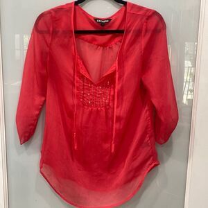 Express Women's Pink Coral Sheer Long Sleeve Light Weight Top Shirt Blouse Sz S